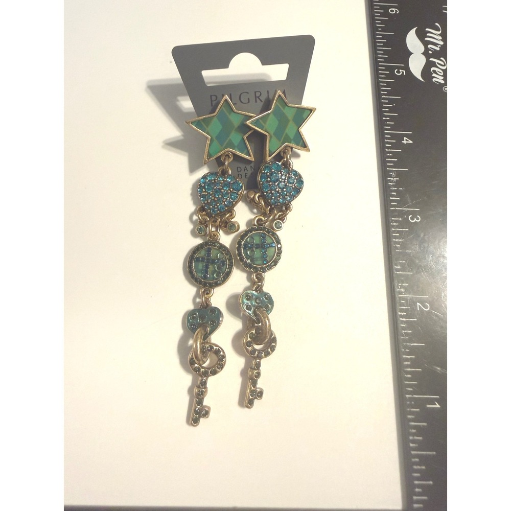 Pilgrim Danish Design Star Heart Key Dangle Earrings Green Blue Gold Tone 343223